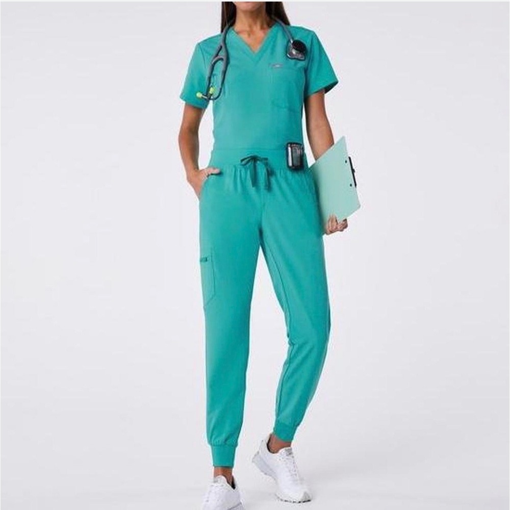 Figs Oasis Blue Scrub Set Small V-Neck Top Zamora Jogger Petite Pants S SP